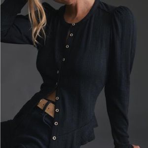 NWT Anthropologie Women's Pilcro Black Puff Sleeved Cardigan Blouse Top Size L
